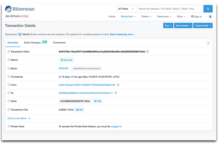 Link to block explorer Etherscan for complete detail view